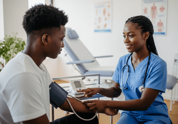 A female nurse with long braids, wearing blue scrubs and a stethoscope, smiles while checking a young male patient's blood pressure. The patient is wearing a white T-shirt and has a blood pressure cuff on his arm. The nurse points toward the digital monitor on a medical cart. The background shows a clinical examination room with a medical chair and anatomical posters.