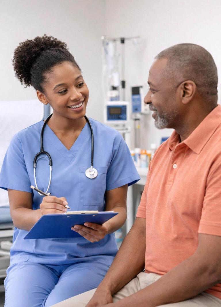 A close-up shot of a healthcare worker's hands gently resting on top of an elderly person's hand for support. The elderly person is holding the handle of a black walking cane equipped with a built-in flashlight. The healthcare worker is wearing light blue scrubs and a blue ID badge. The background is softly blurred, highlighting the supportive interaction.